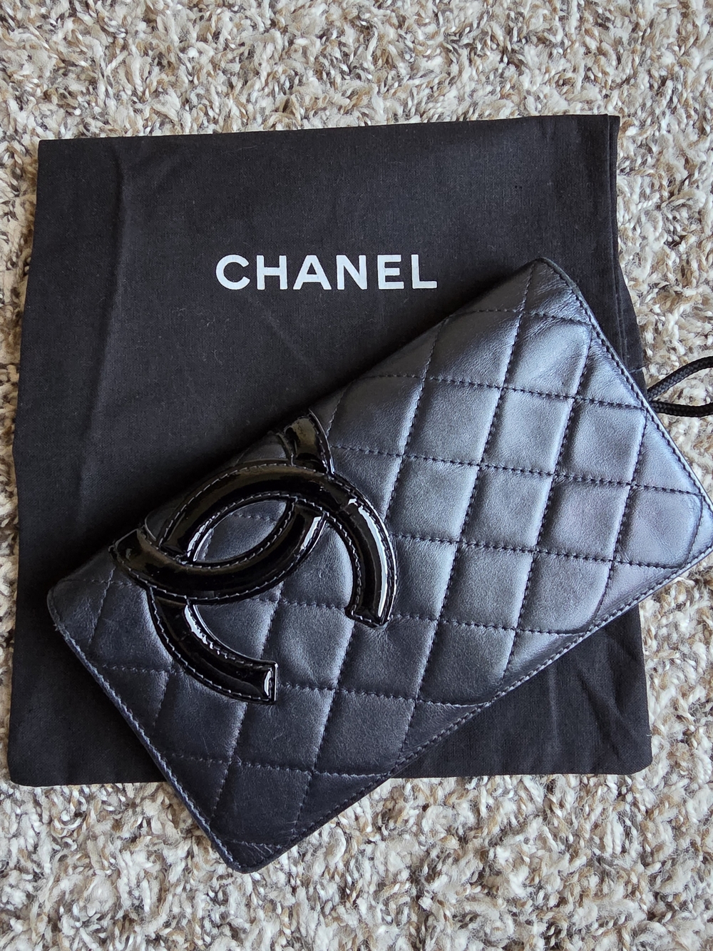 CHANEL Black Quilted Leather Cambon with Patent CC Emblem